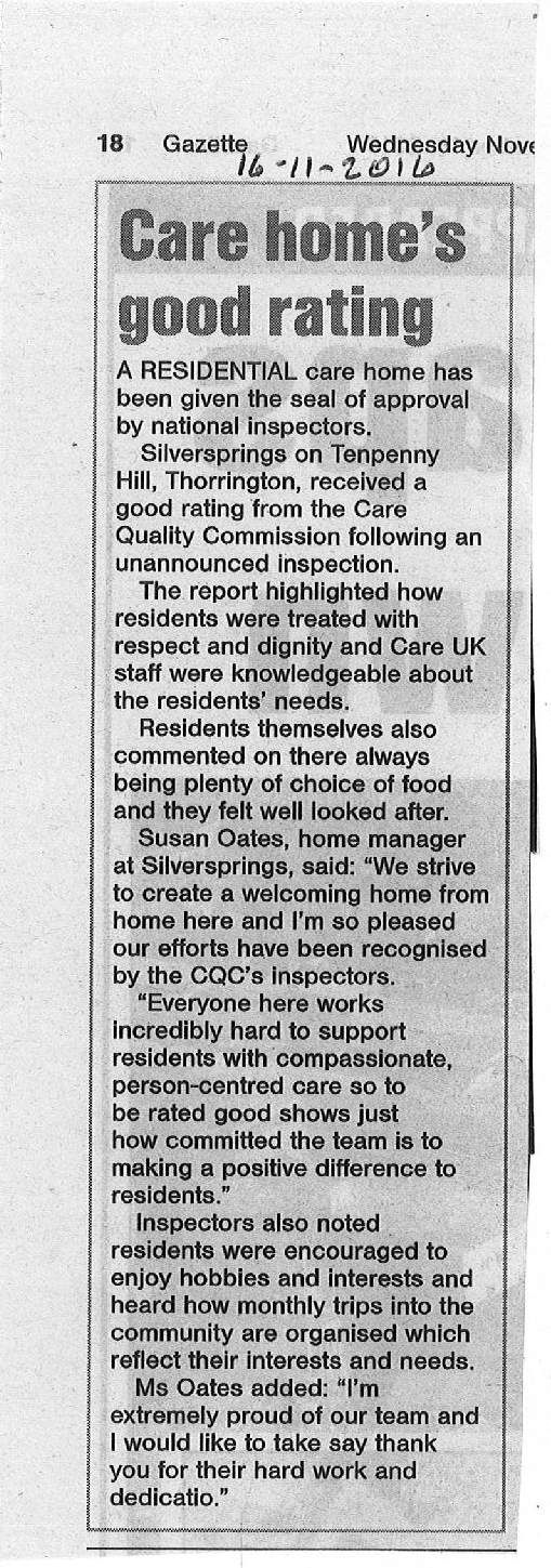 Care home's good rating