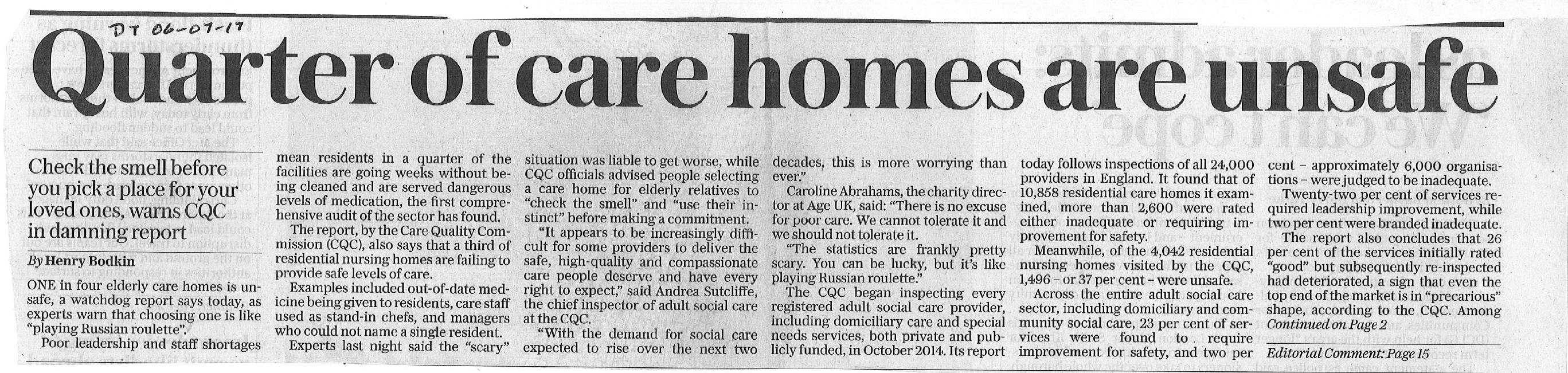 Quarter of care homes are unsafe