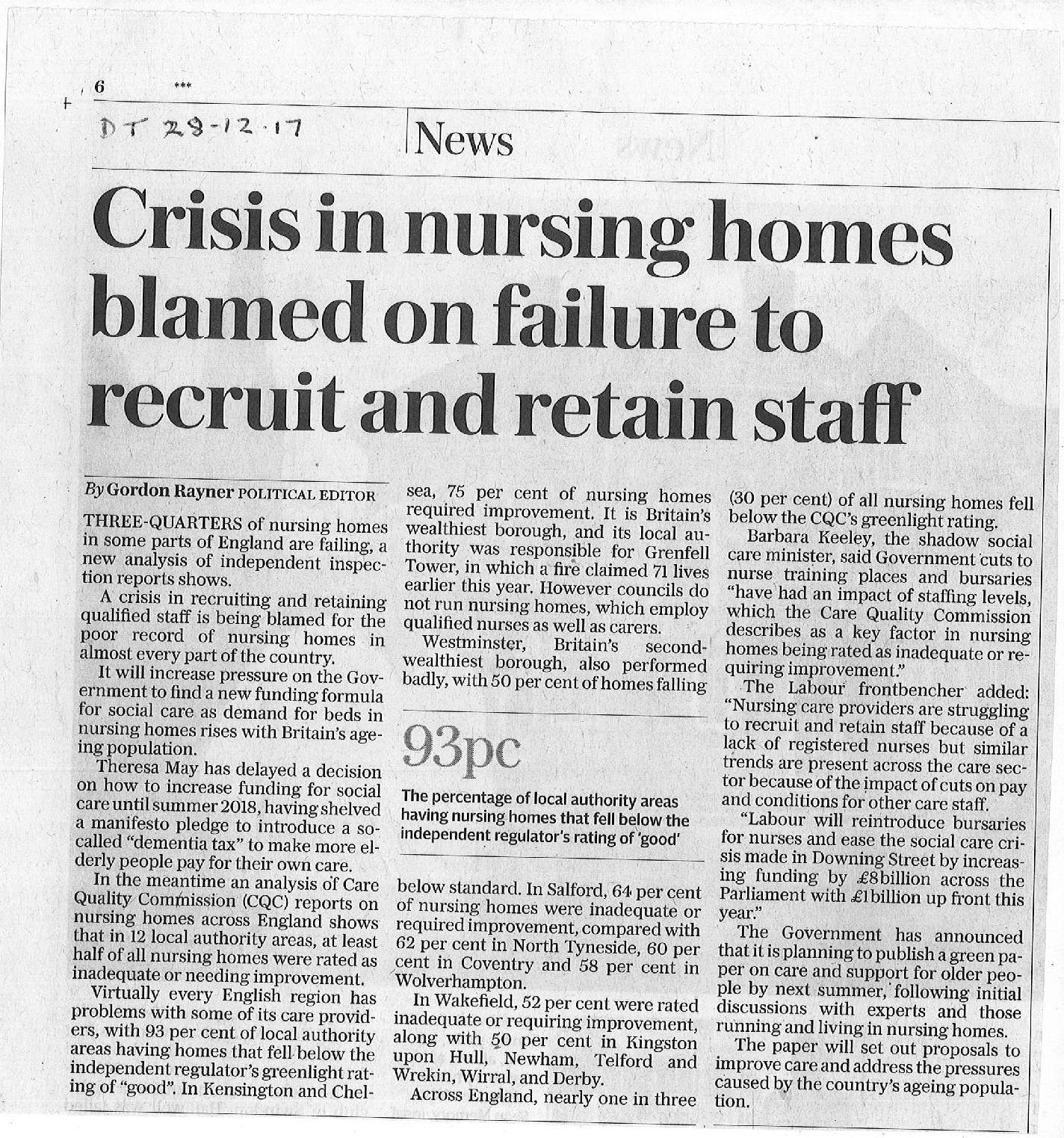 Crisis in nursing homes blamed on failure to recruit and retain staff